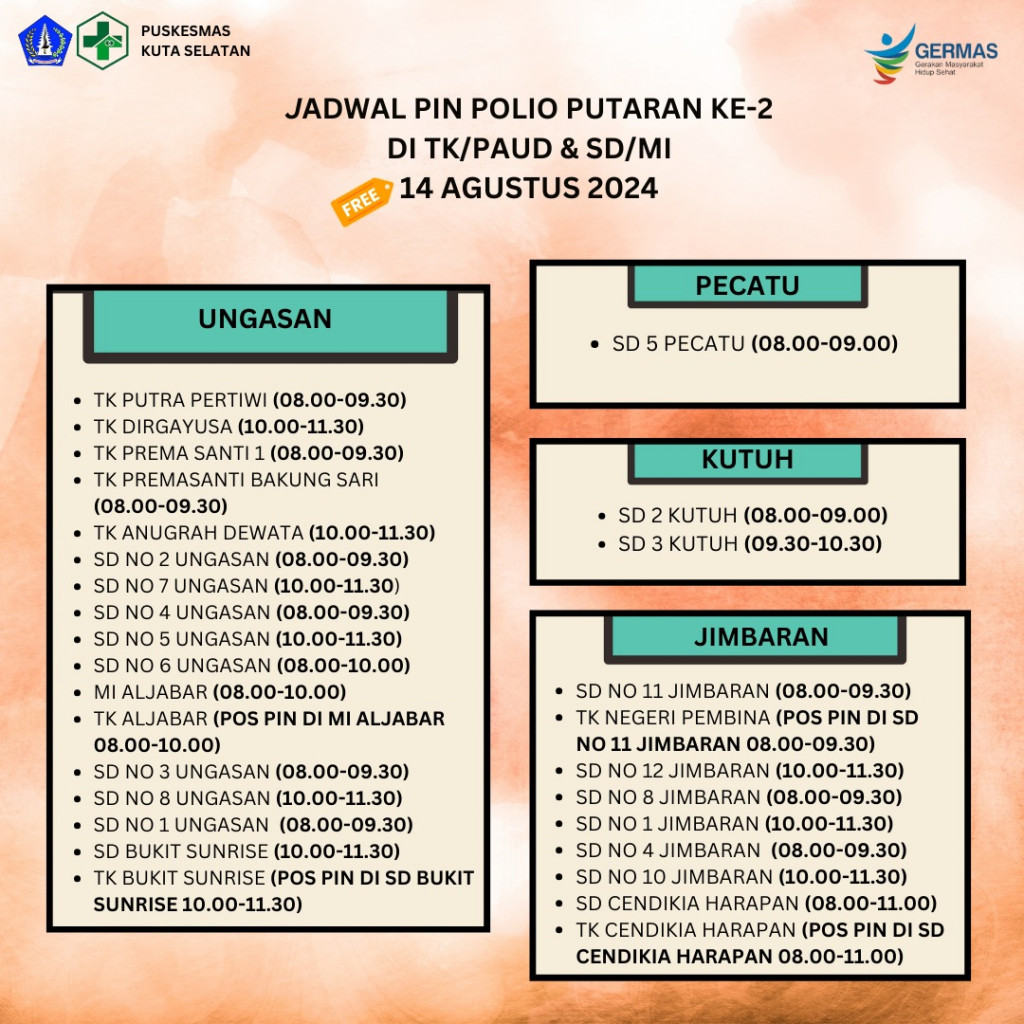 Jadwal Kegiatan Pin Polio 2024 Puskesmaskutaselatan Badung